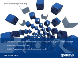 ERP Forum 2013
Die Entscheidungsfindung wird immer schwieriger und durch zwei große Trends verändert:
• Anwachsende Datenvolumen
• Mobile Prozesse verlagern die Entscheidung vor Ort
Entscheidungsfindung
 