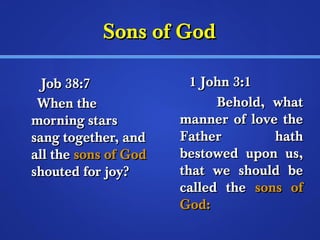 SSoonnss ooff GGoodd 
JJoobb 3388::77 
WWhheenn tthhee 
mmoorrnniinngg ssttaarrss 
ssaanngg ttooggeetthheerr,, aanndd 
aallll tthhee ssoonnss ooff GGoodd 
sshhoouutteedd ffoorr jjooyy?? 
11 JJoohhnn 33::11 
BBeehhoolldd,, wwhhaatt 
mmaannnneerr ooff lloovvee tthhee 
FFaatthheerr hhaatthh 
bbeessttoowweedd uuppoonn uuss,, 
tthhaatt wwee sshhoouulldd bbee 
ccaalllleedd tthhee ssoonnss ooff 
GGoodd:: 
 