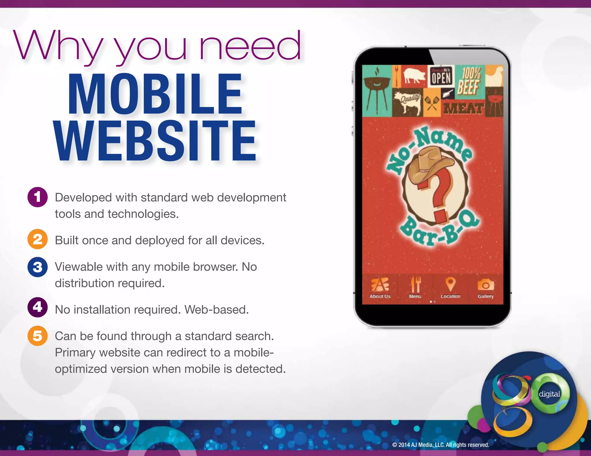 © 2014 AJ Media, LLC. All rights reserved. 
Why you need 
Developed with standard web development 
tools and technologies. 
Built once and deployed for all devices. 
Viewable with any mobile browser. No 
distribution required. 
No installation required. Web-based. 
Can be found through a standard search. 
Primary website can redirect to a mobile-optimized 
version when mobile is detected. 
1 
2 
3 
4 
5 
MOBILE 
WEBSITE 
 