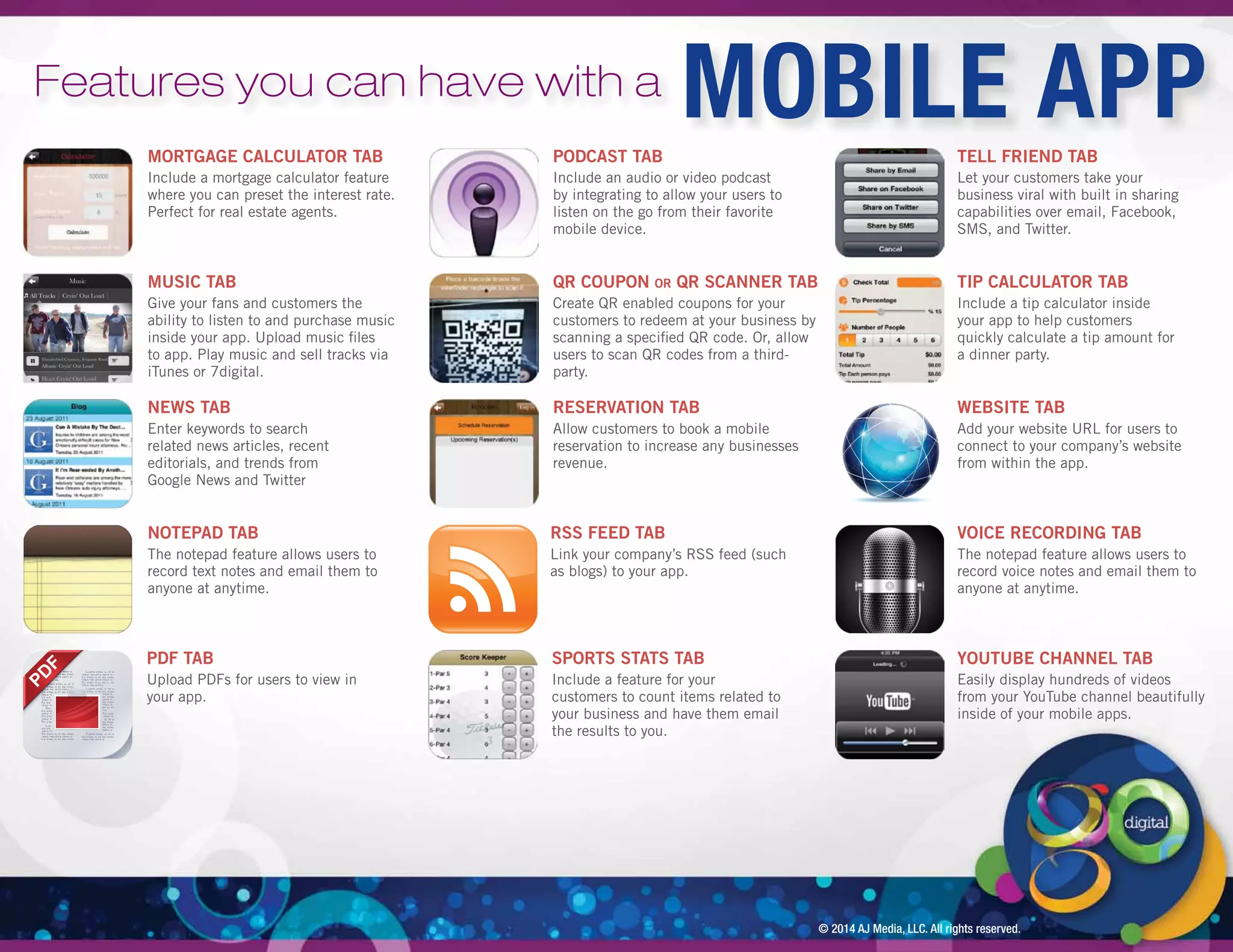Features you can have with a MOBILE APP 
TELL FRIEND TAB 
Let your customers take your 
business viral with built in sharing 
capabilities over email, Facebook, 
SMS, and Twitter. 
TIP CALCULATOR TAB 
Include a tip calculator inside 
your app to help customers 
quickly calculate a tip amount for 
a dinner party. 
© 2014 AJ Media, LLC. All rights reserved. 
PODCAST TAB 
Include an audio or video podcast 
by integrating to allow your users to 
listen on the go from their favorite 
mobile device. 
QR COUPON OR QR SCANNER TAB 
Create QR enabled coupons for your 
customers to redeem at your business by 
scanning a specifi ed QR code. Or, allow 
users to scan QR codes from a third-party. 
SPORTS STATS TAB 
Include a feature for your 
customers to count items related to 
your business and have them email 
the results to you. 
MORTGAGE CALCULATOR TAB 
Include a mortgage calculator feature 
where you can preset the interest rate. 
Perfect for real estate agents. 
MUSIC TAB 
Give your fans and customers the 
ability to listen to and purchase music 
inside your app. Upload music fi les 
to app. Play music and sell tracks via 
iTunes or 7digital. 
NEWS TAB 
Enter keywords to search 
related news articles, recent 
editorials, and trends from 
Google News and Twitter 
NOTEPAD TAB 
The notepad feature allows users to 
record text notes and email them to 
anyone at anytime. 
PDF TAB 
Upload PDFs for users to view in 
your app. 
RESERVATION TAB 
Allow customers to book a mobile 
reservation to increase any businesses 
revenue. 
RSS FEED TAB 
Link your company’s RSS feed (such 
as blogs) to your app. 
WEBSITE TAB 
Add your website URL for users to 
connect to your company’s website 
from within the app. 
VOICE RECORDING TAB 
The notepad feature allows users to 
record voice notes and email them to 
anyone at anytime. 
YOUTUBE CHANNEL TAB 
Easily display hundreds of videos 
from your YouTube channel beautifully 
inside of your mobile apps. 
 