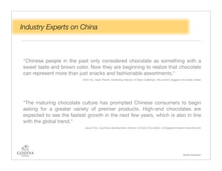 Industry Experts on China



"Chinese people in the past only considered chocolate as something with a
sweet taste and brown color. Now they are beginning to realize that chocolate
can represent more than just snacks and fashionable assortments."
                         - Elvin Ho, Asian Paciﬁc marketing director of Barry Callebaut, the world's biggest chocolate maker




"The maturing chocolate culture has prompted Chinese consumers to begin
asking for a greater variety of premier products. High-end chocolates are
expected to see the fastest growth in the next few years, which is also in line
with the global trend."
                          - Jason Foo, business development director of Aslst Chocolate, a Singapore-based manufacturer




                                                                                                             Source: china.org.cn
 