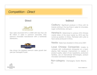 Competition - Direct

                    Direct                                               Indirect
                                                    Cadbury:      Signiﬁcant producer in China with its
                                                    brands ranking in the top three in sales for chocolate,
                                                    sugar confectionery, and gum.

Saw sales skyrocket 87% in 2006 with less than US   Hershey’s:      Determined to achieve 23% Chinese
$5 million in sales in premium chocolate. Only      market share of the local market by 2010 and the
premium chocolate manufacturer with a worldwide     runner-up position in China. Partnered with Lotte to
distribution.                                       have candy produced in China.

                                                    Nestle: Sales have doubled in China since 2001
                                                    Local Chinese Companies:                    Unable to
                                                    compete with multinational companies on a level-
Has shown the greatest premium sales growth last    playing ﬁeld because improvement is needed in
year per Packaged Foods.                            product quality, select of raw ingredients, production
                                                    facilities, use of international technologies, product
                                                    innovation and brand management.

                                                    Non-category:         Champagne, Exotic Blooms,
                                                    etc.

                                                                                            Source: mediapost.com
 