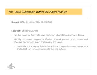 The Task: Expansion within the Asian Market


  Budget: US$2.5 million (CNY 17,110,500)


  Location: Shanghai, China
  • Set the stage for Godiva to own the luxury chocolate category in China.
  • Identify consumer segments Godiva should pursue and recommend
    effective methods to reach and engage the target.
    - Understand the tastes, habits, behavior and expectations of consumers
      and adapt our communications to suit the culture.
 