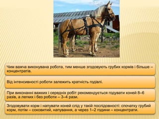 Чим важча виконувана робота, тим менше згодовують грубих кормів і більше –
концентратів.
Від інтенсивності роботи залежить кратність годівлі.
При виконанні важких і середніх робіт рекомендується годувати коней 8–6
разів, а легких і без роботи – 3–4 рази.
Згодовувати корм і напувати коней слід у такій послідовності: спочатку грубий
корм, потім – соковитий, напування, а через 1–2 години – концентрати.
 