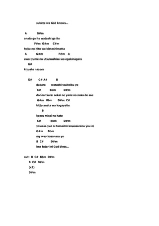 subete wa God knows...


A          G#m
anata ga ite watashi ga ite
         F#m G#m        C#m
hoka no hito wa kieteshimatta
A          G#m                 F#m   A
awai yume no utsukushisa wo egakinagara
    G#
kizuato nazoru


    G#      G# A#          B
           dakara     watashi tsuiteiku yo
           C#        Bbm         D#m
           donna tsurai sekai no yami no naka de sae
           G#m Bbm          D#m C#
           kitto anata wa kagayaite
                B
           koeru mirai no hate
           C#         Bbm        D#m
           yowasa yue ni tamashii kowasarenu you ni
           G#m      Bbm
           my way kasanaru yo
           B C#       D#m
           ima futari ni God bless...


out: B C# Bbm D#m
    B C# D#m
    (x2)
    D#m
 