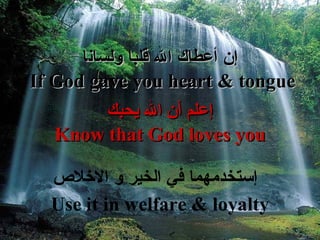 إ ن أعطاك الله  قلبا و لسان ا If God gave you heart & tongue   إ علم  أ ن الله يحبك Know that God loves you   إ ستخدمهم ا  في الخير و   الاخلاص Use it in welfare & loyalty 