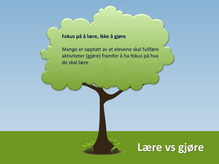 Undervise vs lære
Ikke “hva skal jeg undervise i”, men “hva
skal mine elever ha lært i dag”.
Mange er opptatt av at elevene skal fullføre
aktiviteter (gjøre) framfor å ha fokus på hva
de skal lære. Dersom man ikke forstår teksten
er det ikke hjelp i å lese den mange ganger.
 