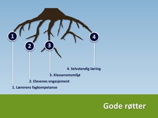 Gode røtter
41
32
1. Lærerens fagkompetanse
2. Elevsentrert læring
3. Klasseromsmiljø
4. Lære å lære
 