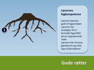 Gode røtter
1
Lærerens
fagkompetanse
Lærerens
fagkompetanse er
viktig for at han/hun
skal kunne formidle
pensum på en
engasjerende måte
og ikke bare lese fra
boka. Fag må
“selges” inn hos
elevene – de må se
relevans
 