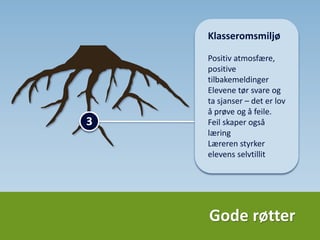 Gode røtter
3
Klasseromsmiljø
Positiv atmosfære,
positive
tilbakemeldinger
Elevene tør svare og
ta sjanser – det er lov
å prøve og å feile.
Elevene vet at feil
også skaper læring
 