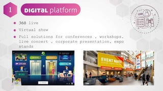 360 live
Virtual show
Full solutions for conferences , workshops,
live concert , corporate presentation, expo
stands
1
 