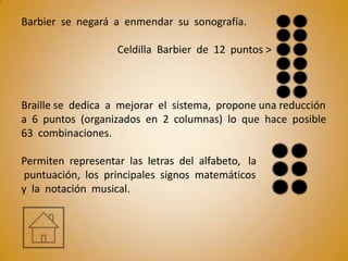 Barbier se negará a enmendar su sonografía.

                   Celdilla Barbier de 12 puntos >



Braille se dedica a mejorar el sistema, propone una reducción
a 6 puntos (organizados en 2 columnas) lo que hace posible
63 combinaciones.

Permiten representar las letras del alfabeto, la
puntuación, los principales signos matemáticos
y la notación musical.
 