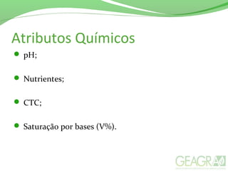 Atributos Químicos
 pH;
 Nutrientes;
 CTC;
 Saturação por bases (V%).
 