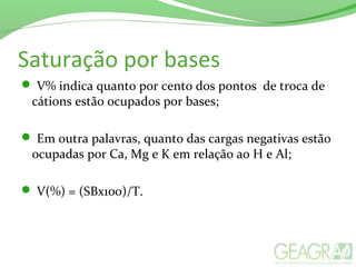 Saturação por bases
 V% indica quanto por cento dos pontos de troca de
cátions estão ocupados por bases;
 Em outra palavras, quanto das cargas negativas estão
ocupadas por Ca, Mg e K em relação ao H e Al;
 V(%) = (SBx100)/T.
 