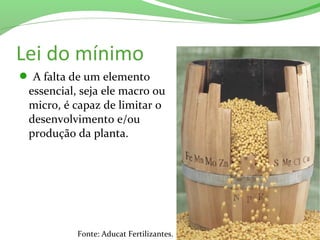 Lei do mínimo
Fonte: Aducat Fertilizantes.
 A falta de um elemento
essencial, seja ele macro ou
micro, é capaz de limitar o
desenvolvimento e/ou
produção da planta.
 