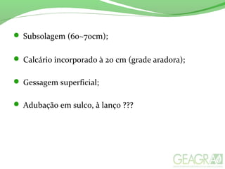  Subsolagem (60~70cm);
 Calcário incorporado à 20 cm (grade aradora);
 Gessagem superficial;
 Adubação em sulco, à lanço ???
 