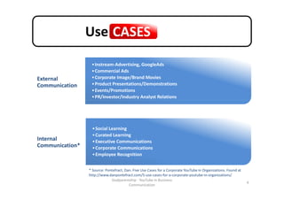 Use CASES

External
Communication

• Instream-Advertising, GoogleAds
• Commercial Ads
• Corporate Image/Brand Movies
• Product Presentations/Demonstrations
• Events/Promotions
• PR/Investor/Industry Analyst Relations

Internal
Communication*

• Social Learning
• Curated Learning
• Executive Communications
• Corporate Communications
• Employee Recognition
* Source: Pontefract, Dan. Five Use Cases for a Corporate YouTube in Organizations. Found at
http://www.danpontefract.com/5-use-cases-for-a-corporate-youtube-in-organizations/
Godparentship - YouTube in Business
Communication

4

 