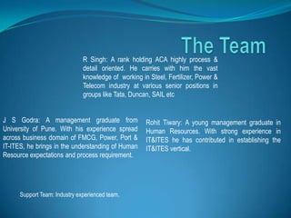 R Singh: A rank holding ACA highly process &
                               detail oriented. He carries with him the vast
                               knowledge of working in Steel, Fertilizer, Power &
                               Telecom industry at various senior positions in
                               groups like Tata, Duncan, SAIL etc


J S Godra: A management graduate from                 Rohit Tiwary: A young management graduate in
University of Pune. With his experience spread        Human Resources. With strong experience in
across business domain of FMCG, Power, Port &         IT&ITES he has contributed in establishing the
IT-ITES, he brings in the understanding of Human      IT&ITES vertical.
Resource expectations and process requirement.




      Support Team: Industry experienced team.
 