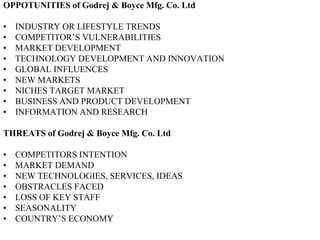 OPPOTUNITIES of Godrej & Boyce Mfg. Co. LtdINDUSTRY OR LIFESTYLE TRENDSCOMPETITOR’S VULNERABILITIESMARKET DEVELOPMENTTECHNOLOGY DEVELOPMENT AND INNOVATIONGLOBAL INFLUENCESNEW MARKETSNICHES TARGET MARKETBUSINESS AND PRODUCT DEVELOPMENTINFORMATION AND RESEARCHTHREATS of Godrej & Boyce Mfg. Co. LtdCOMPETITORS INTENTIONMARKET DEMANDNEW TECHNOLOGIES, SERVICES, IDEASOBSTRACLES FACEDLOSS OF KEY STAFFSEASONALITYCOUNTRY’S ECONOMY