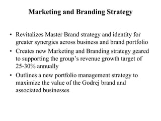Marketing and Branding StrategyRevitalizes Master Brand strategy and identity for greater synergies across business and brand portfolioCreates new Marketing and Branding strategy geared to supporting the group’s revenue growth target of 25-30% annuallyOutlines a new portfolio management strategy to maximize the value of the Godrej brand and associated businesses