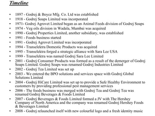 Timeline1897 - Godrej & Boyce Mfg. Co. Ltd was established 1918 - Godrej Soaps Limited was incorporated 1971- Godrej Agrovet Limited began as an Animal Feeds division of Godrej Soaps 1974 - Veg oils division in Wadala, Mumbai was acquired 1990 - Godrej Properties Limited, another subsidiary, was established 1991 - Foods business started 1991 - Godrej Agrovet Limited was incorporated 1994 - Transelektra Domestic Products was acquired 1995 - Transelektra forged a strategic alliance with Sara Lee USA 1999 - Transelektra was named Godrej Sara Lee Limited 2001 - Godrej Consumer Products was formed as a result of the demerger of Godrej Soaps Limited. Godrej Soaps was renamed Godrej Industries Limited 2002 - Godrej Tea Limited was set up 2003 - We entered the BPO solutions and services space with Godrej Global Solutions Limited 2004 - Godrej HiCare Limited was set up to provide a Safe Healthy Environment to customers by providing professional pest management services 2006 - The foods business was merged with Godrej Tea and Godrej Tea was renamed Godrej Beverages & Foods Limited 2007 - Godrej Beverages & Foods Limited formed a JV with The Hershey Company of North America and the company was renamed Godrej Hershey Foods & Beverages Limited 2008 - Godrej relaunched itself with new colourful logo and a fresh identity music 