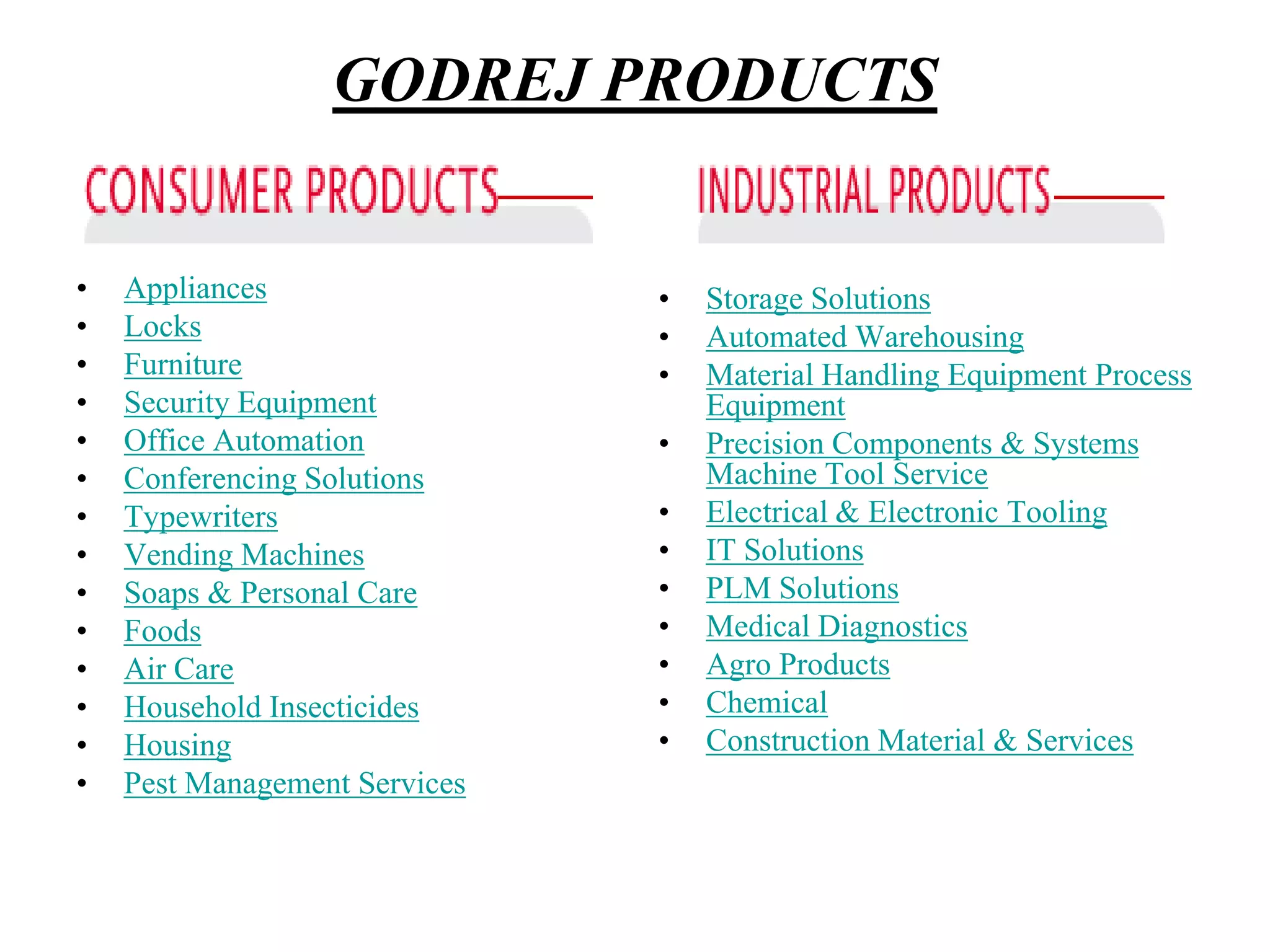 GODREJ PRODUCTSAppliancesLocksFurnitureSecurity Equipment Office AutomationConferencing SolutionsTypewritersVending Machines Soaps & Personal Care FoodsAir Care Household InsecticidesHousingPest Management ServicesStorage SolutionsAutomated Warehousing Material Handling Equipment Process EquipmentPrecision Components & SystemsMachine Tool ServiceElectrical & Electronic ToolingIT SolutionsPLM SolutionsMedical Diagnostics Agro ProductsChemicalConstruction Material & Services