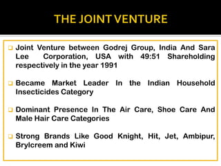 

Joint Venture between Godrej Group, India And Sara
Lee
Corporation, USA with 49:51 Shareholding
respectively in the year 1991



Became Market Leader In the Indian Household
Insecticides Category



Dominant Presence In The Air Care, Shoe Care And
Male Hair Care Categories



Strong Brands Like Good Knight, Hit, Jet, Ambipur,
Brylcreem and Kiwi

 
