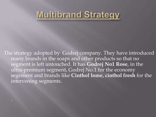 The strategy adopted by Godrej company. They have introduced
many brands in the soaps and other products so that no
segment is left untouched. It has Godrej No1 Rose, in the
ultra-premium segment, Godrej No.1 for the economy
segement and brands like Cinthol lome, cinthol fresh for the
intervening segments.
.
 