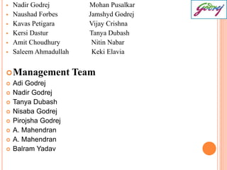  Nadir Godrej Mohan Pusalkar 
 Naushad Forbes Jamshyd Godrej 
 Kavas Petigara Vijay Crishna 
 Kersi Dastur Tanya Dubash 
 Amit Choudhury Nitin Nabar 
 Saleem Ahmadullah Keki Elavia 
Management Team 
 Adi Godrej 
 Nadir Godrej 
 Tanya Dubash 
 Nisaba Godrej 
 Pirojsha Godrej 
 A. Mahendran 
 A. Mahendran 
 Balram Yadav 
 