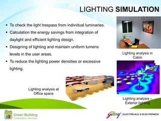 Lighting analysis at
Office space
Lighting analysis in
Cabin
Lighting analysis –
Exterior lighting
 To check the light trespass from individual luminaries.
 Calculation the energy savings from integration of
daylight and efficient lighting design.
 Designing of lighting and maintain uniform lumens
levels in the user areas.
 To reduce the lighting power densities or excessive
lighting.
LIGHTING SIMULATION
 