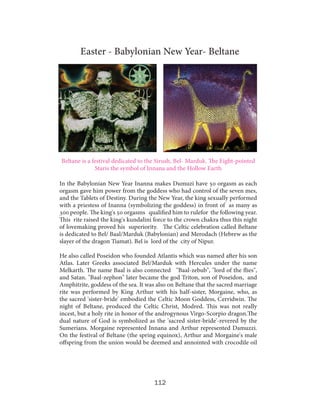 Easter - Babylonian New Year- Beltane

Beltane is a festival dedicated to the Sirush, Bel- Marduk. The Eight-pointed
Staris the symbol of Innana and the Hollow Earth
In the Babylonian New Year Inanna makes Dumuzi have 50 orgasm as each
orgasm gave him power from the goddess who had control of the seven mes,
and the Tablets of Destiny. During the New Year, the king sexually performed
with a priestess of Inanna (symbolizing the goddess) in front of as many as
300 people. The king's 50 orgasms qualified him to rulefor the following year.
This rite raised the king's kundalini force to the crown chakra thus this night
of lovemaking proved his superiority. The Celtic celebration called Beltane
is dedicated to Bel/ Baal/Marduk (Babylonian) and Merodach (Hebrew as the
slayer of the dragon Tiamat). Bel is lord of the city of Nipur.
He also called Poseidon who founded Atlantis which was named after his son
Atlas. Later Greeks associated Bel/Marduk with Hercules under the name
Melkarth. The name Baal is also connected "Baal-zebub", "lord of the flies",
and Satan. "Baal-zephon" later became the god Triton, son of Poseidon, and
Amphitrite, goddess of the sea. It was also on Beltane that the sacred marriage
rite was performed by King Arthur with his half-sister, Morgaine, who, as
the sacred 'sister-bride' embodied the Celtic Moon Goddess, Cerridwin. The
night of Beltane, produced the Celtic Christ, Modred. This was not really
incest, but a holy rite in honor of the androgynous Virgo-Scorpio dragon.The
dual nature of God is symbolized as the 'sacred sister-bride'-revered by the
Sumerians. Morgaine represented Innana and Arthur represented Damuzzi.
On the festival of Beltane (the spring equinox), Arthur and Morgaine's male
offspring from the union would be deemed and annointed with crocodile oil

112

 
