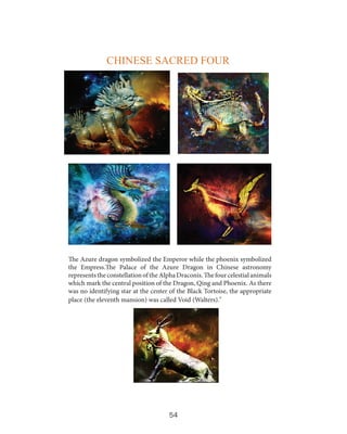 CHINESE SACRED FOUR

The Azure dragon symbolized the Emperor while the phoenix symbolized
the Empress.The Palace of the Azure Dragon in Chinese astronomy
represents the constellation of the Alpha Draconis. The four celestial animals
which mark the central position of the Dragon, Qing and Phoenix. As there
was no identifying star at the center of the Black Tortoise, the appropriate
place (the eleventh mansion) was called Void (Walters)."

54

 