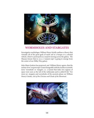 WORMHOLES AND STARGATES
Investigative mythologer, William Henry briefly outlines a theory that
virtually all of the great gods of myth sail in a barque or a celestial
vehicle, which is portrayed as a serpent moving across the galaxy. The
Mayans foreaw that in 2012 a ‘serpent rope’ is going to emerge from
the center of our Milky Way galaxy.
John Major Jenkins has proposed, and William Henry agrees, that the
archaic term ‘serpent rope’ is interchangeable with the modern scientific
term ‘wormhole’ or ‘stargate’, i.e. a tunnel that links two regions of
space were seen as the tail of the rattlesnake and is called,Tz'ab." For
more on stargates and wormholes of the ancients please see William
Henry's books, Ark of the Christos and Cloak of the Illuminati

58

 