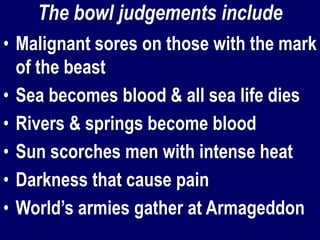 The bowl judgements include
• Malignant sores on those with the mark
of the beast
• Sea becomes blood & all sea life dies
• Rivers & springs become blood
• Sun scorches men with intense heat
• Darkness that cause pain
• World’s armies gather at Armageddon
 