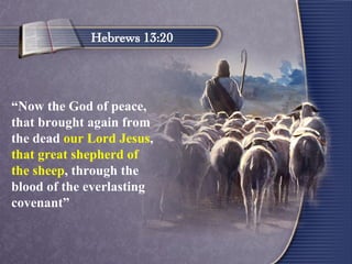 “ Now the God of peace, that brought again from the dead  our Lord Jesus ,  that great shepherd of the sheep , through the blood of the everlasting covenant” Hebrews 13:20 