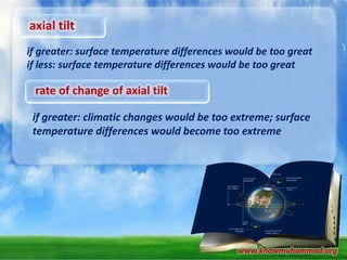 axial tilt
if greater: surface temperature differences would be too great
if less: surface temperature differences would be too great

rate of change of axial tilt
if greater: climatic changes would be too extreme; surface
temperature differences would become too extreme

www.knowmuhammad.org

 