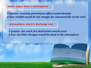 water vapor level in atmosphere
if greater: runaway greenhouse effect would develop
if less: rainfall would be too meager for advanced life on the land

atmospheric electric discharge rate
if greater: too much fire destruction would occur
if less: too little nitrogen would be fixed in the atmosphere

www.knowmuhammad.org

 