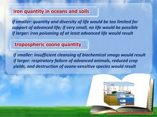 iron quantity in oceans and soils
if smaller: quantity and diversity of life would be too limited for
support of advanced life; if very small, no life would be possible
if larger: iron poisoning of at least advanced life would result

tropospheric ozone quantity
if smaller: insufficient cleansing of biochemical smogs would result
if larger: respiratory failure of advanced animals, reduced crop
yields, and destruction of ozone-sensitive species would result

www.knowmuhammad.org

 