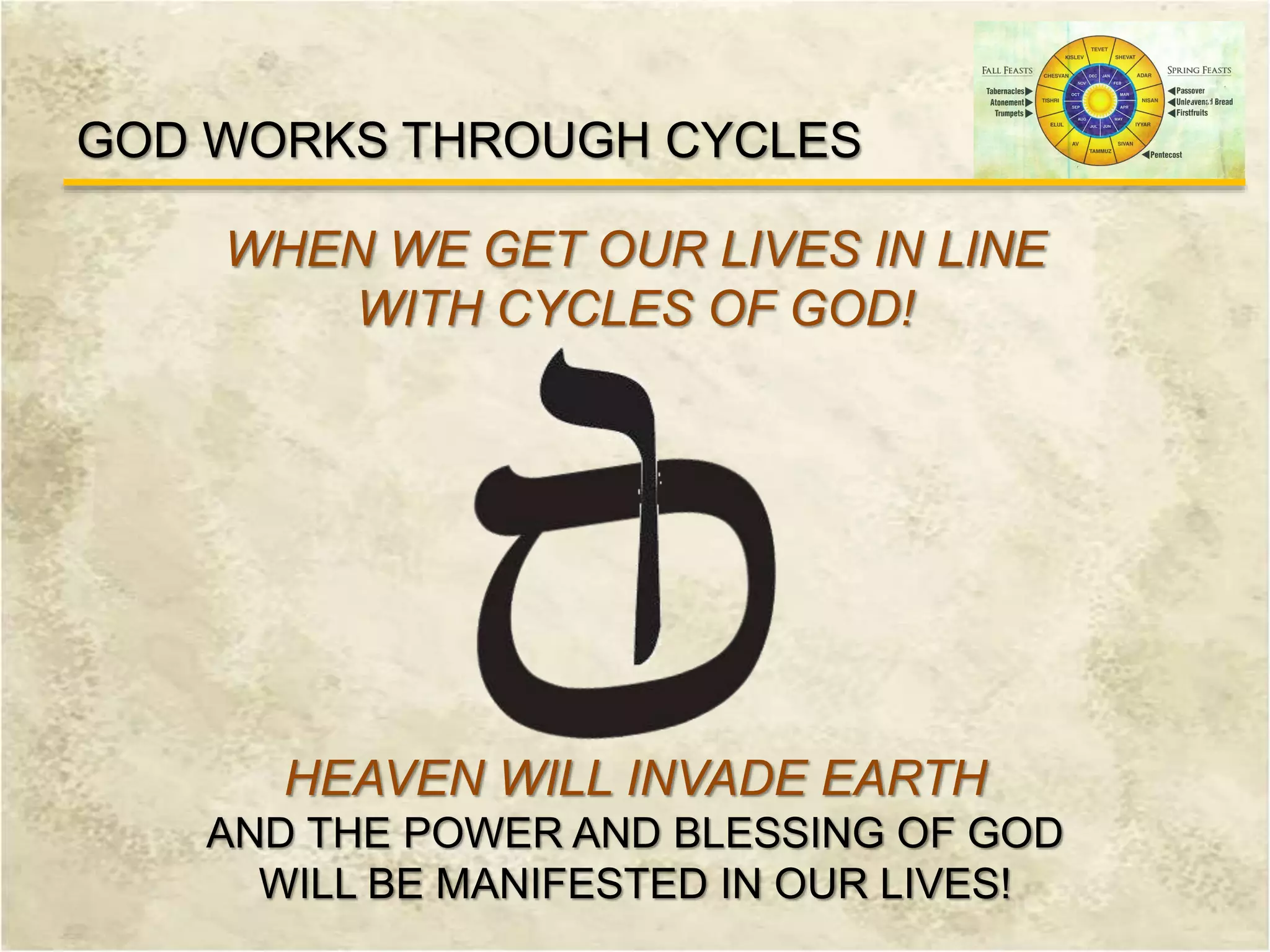 GOD WORKS THROUGH CYCLES
WHEN WE GET OUR LIVES IN LINE
WITH CYCLES OF GOD!
HEAVEN WILL INVADE EARTH
AND THE POWER AND BLESSING OF GOD
WILL BE MANIFESTED IN OUR LIVES!
 