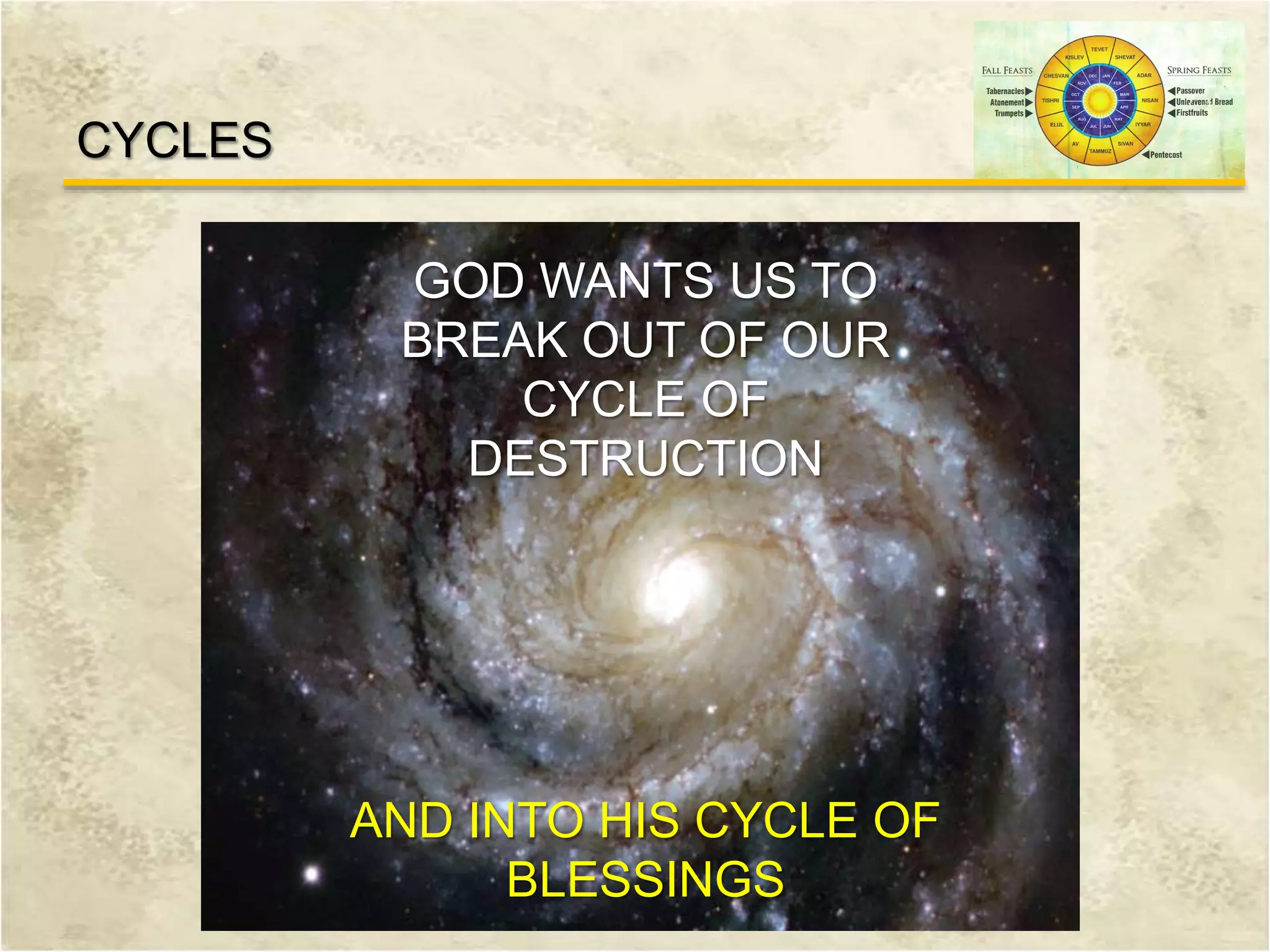 CYCLES
GOD WANTS US TO
BREAK OUT OF OUR
CYCLE OF
DESTRUCTION
AND INTO HIS CYCLE OF
BLESSINGS
 