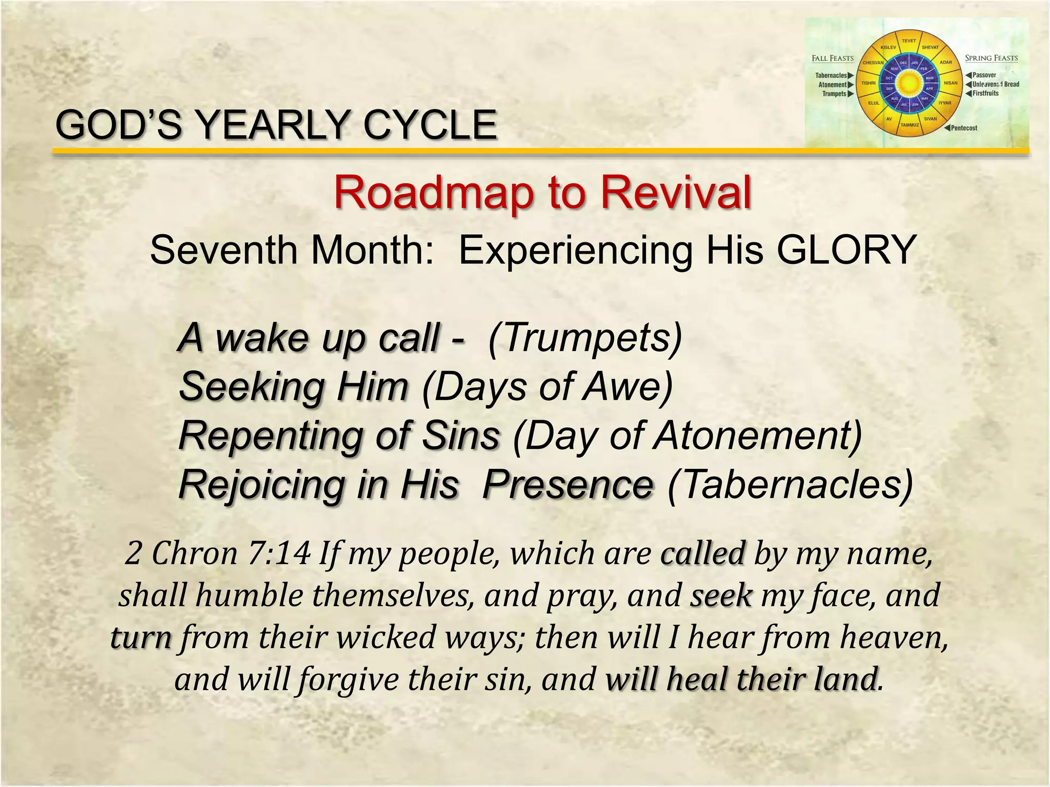 GOD’S YEARLY CYCLE
Roadmap to Revival
Seventh Month: Experiencing His GLORY
A wake up call - (Trumpets)
Seeking Him (Days of Awe)
Repenting of Sins (Day of Atonement)
Rejoicing in His Presence (Tabernacles)
2 Chron 7:14 If my people, which are called by my name,
shall humble themselves, and pray, and seek my face, and
turn from their wicked ways; then will I hear from heaven,
and will forgive their sin, and will heal their land.
 