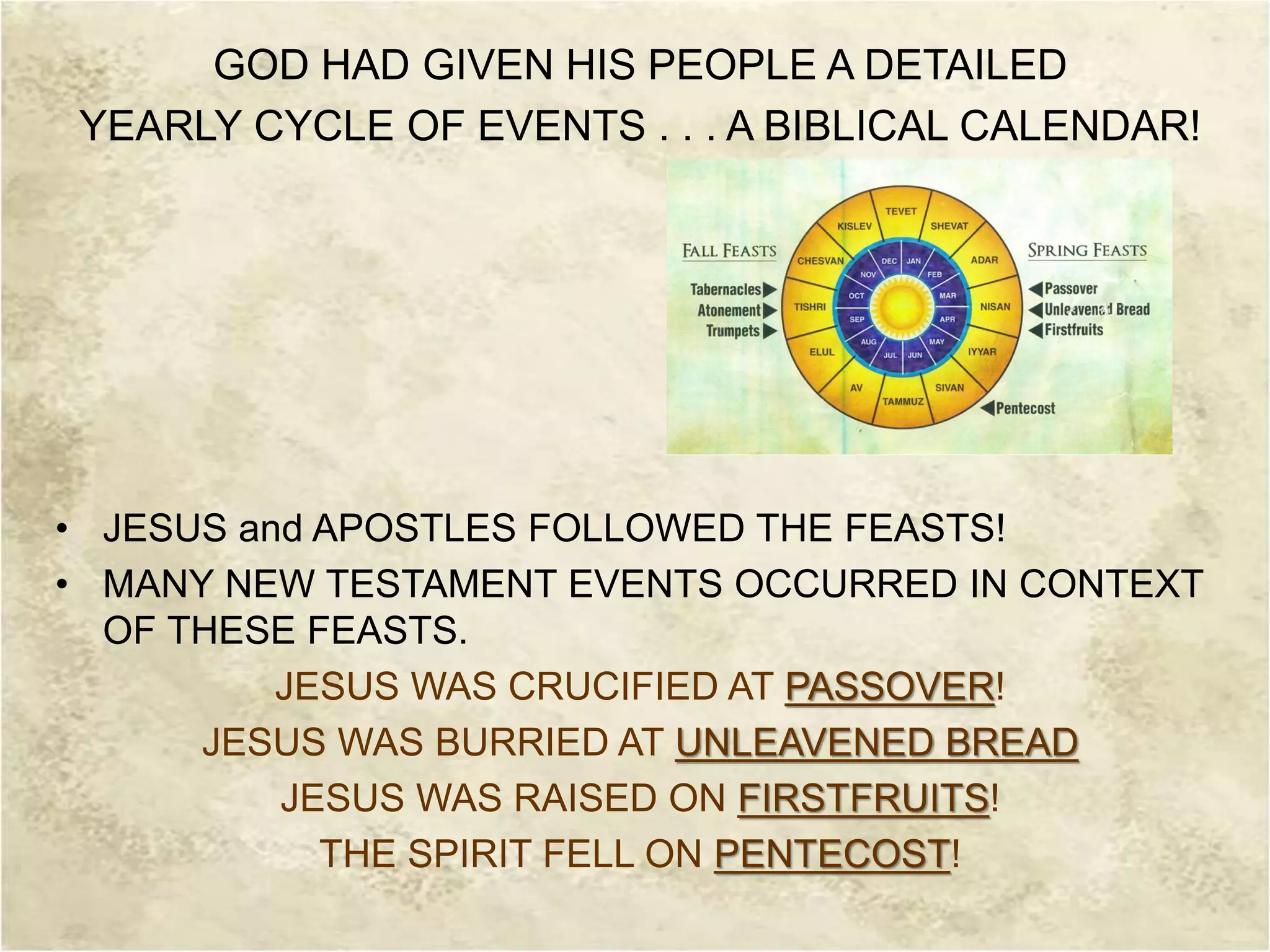 GOD HAD GIVEN HIS PEOPLE A DETAILED
YEARLY CYCLE OF EVENTS . . . A BIBLICAL CALENDAR!
• JESUS and APOSTLES FOLLOWED THE FEASTS!
• MANY NEW TESTAMENT EVENTS OCCURRED IN CONTEXT
OF THESE FEASTS.
JESUS WAS CRUCIFIED AT PASSOVER!
JESUS WAS BURRIED AT UNLEAVENED BREAD
JESUS WAS RAISED ON FIRSTFRUITS!
THE SPIRIT FELL ON PENTECOST!
 
