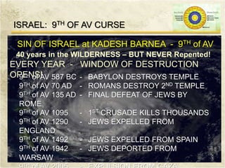 ISRAEL: 9TH OF AV CURSE
SIN OF ISRAEL at KADESH BARNEA - 9TH of AV
40 years in the WILDERNESS – BUT NEVER Repented!
EVERY YEAR - WINDOW OF DESTRUCTION
OPENS!9TH of AV 587 BC - BABYLON DESTROYS TEMPLE
9TH of AV 70 AD - ROMANS DESTROY 2ND TEMPLE
9TH of AV 135 AD - FINAL DEFEAT OF JEWS BY
ROME
9TH of AV 1095 - 1ST CRUSADE KILLS THOUSANDS
9TH of AV 1290 - JEWS EXPELLED FROM
ENGLAND
9TH of AV 1492 - JEWS EXPELLED FROM SPAIN
9TH of AV 1942 - JEWS DEPORTED FROM
WARSAW
TH
 