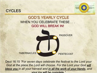 GOD’S YEARLY CYCLE
WHEN YOU CELEBRATE THESE . . .
GOD WILL BREAK IN!
Deut 16:15 “For seven days celebrate the festival to the Lord your
God at the place the Lord will choose. For the Lord your God will
bless you in all your harvest and in all the work of your hands, and
PASSOVER
PENTECOSTTABERNACLES
CYCLES
 