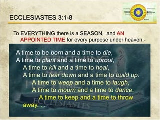 ECCLESIASTES 3:1-8
To EVERYTHING there is a SEASON, and AN
APPOINTED TIME for every purpose under heaven:-
A time to be born and a time to die,
A time to plant and a time to uproot,
A time to kill and a time to heal,
A time to tear down and a time to build up.
A time to weep and a time to laugh,
A time to mourn and a time to dance.
A time to keep and a time to throw
away. . .
 