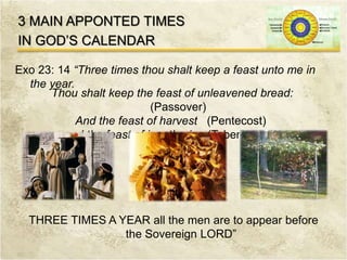Exo 23: 14 “Three times thou shalt keep a feast unto me in
the year.
3 MAIN APPONTED TIMES
IN GOD’S CALENDAR
Thou shalt keep the feast of unleavened bread:
(Passover)
And the feast of harvest (Pentecost)
and the feast of ingathering (Tabernacles)
THREE TIMES A YEAR all the men are to appear before
the Sovereign LORD”
 