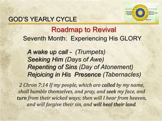 GOD’S YEARLY CYCLE
Roadmap to Revival
Seventh Month: Experiencing His GLORY
A wake up call - (Trumpets)
Seeking Him (Days of Awe)
Repenting of Sins (Day of Atonement)
Rejoicing in His Presence (Tabernacles)
2 Chron 7:14 If my people, which are called by my name,
shall humble themselves, and pray, and seek my face, and
turn from their wicked ways; then will I hear from heaven,
and will forgive their sin, and will heal their land.
 