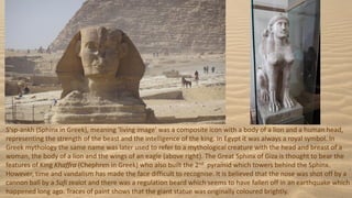 S'sp-ankh (Sphinx in Greek), meaning 'living image' was a composite icon with a body of a lion and a human head,
representing the strength of the beast and the intelligence of the king. In Egypt it was always a royal symbol. In
Greek mythology the same name was later used to refer to a mythological creature with the head and breast of a
woman, the body of a lion and the wings of an eagle (above right). The Great Sphinx of Giza is thought to bear the
features of King Khaffra (Chephren in Greek) who also built the 2nd pyramid which towers behind the Sphinx.
However, time and vandalism has made the face difficult to recognise. It is believed that the nose was shot off by a
cannon ball by a Sufi zealot and there was a regulation beard which seems to have fallen off in an earthquake which
happened long ago. Traces of paint shows that the giant statue was originally coloured brightly.
 