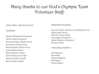 Many thanks to our God’s Olympic Team
                Volunteer Staff:

Amber Gibbs, Assistant Director   ASSISTANT COACHES:

COACHES:                          Chance Conklin. Preschool and Middle Group
                                  Kelsey Duke, Music
                                  Allison Houser, Crafts
Heather Kirkpatrick, Preschool
                                  Havy Ngyen, Preschool
Sarah Fudala, Preschool
                                  Kaitlyn Seckora, Preschool
Donna Donahue, Middle Group       Phoebe, Crafts
Erin Darcy, Oldest Group
Mark Pennella, Oldest Group       ANCILARY COACHES:
Judy Pugliese, Music
Katy Thompson, Music              Kim DiLandro
Donna Marquardt, Crafts           Dan Gibbs
Shane Donahue, Snacks             Richard Pugliese
Billy Fudella, Snacks             Bob Ryalls
                                  Nathan Ryalls
 