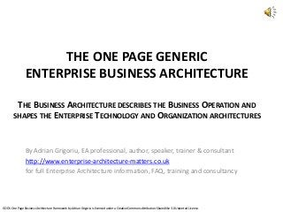 THE ONE PAGE GENERIC
ENTERPRISE BUSINESS ARCHITECTURE
THE BUSINESS ARCHITECTURE DESCRIBES THE BUSINESS OPERATION AND
SHAPES THE ENTERPRISE TECHNOLOGY AND ORGANIZATION ARCHITECTURES
By Adrian Grigoriu, EA professional, author, speaker, trainer & consultant
http://www.enterprise-architecture-matters.co.uk
for full Enterprise Architecture information, FAQ, training and consultancy
GODS One Page Business Architecture Framework by Adrian Grigoriu is licensed under a Creative Commons Attribution-ShareAlike 3.0 Unported License.
 